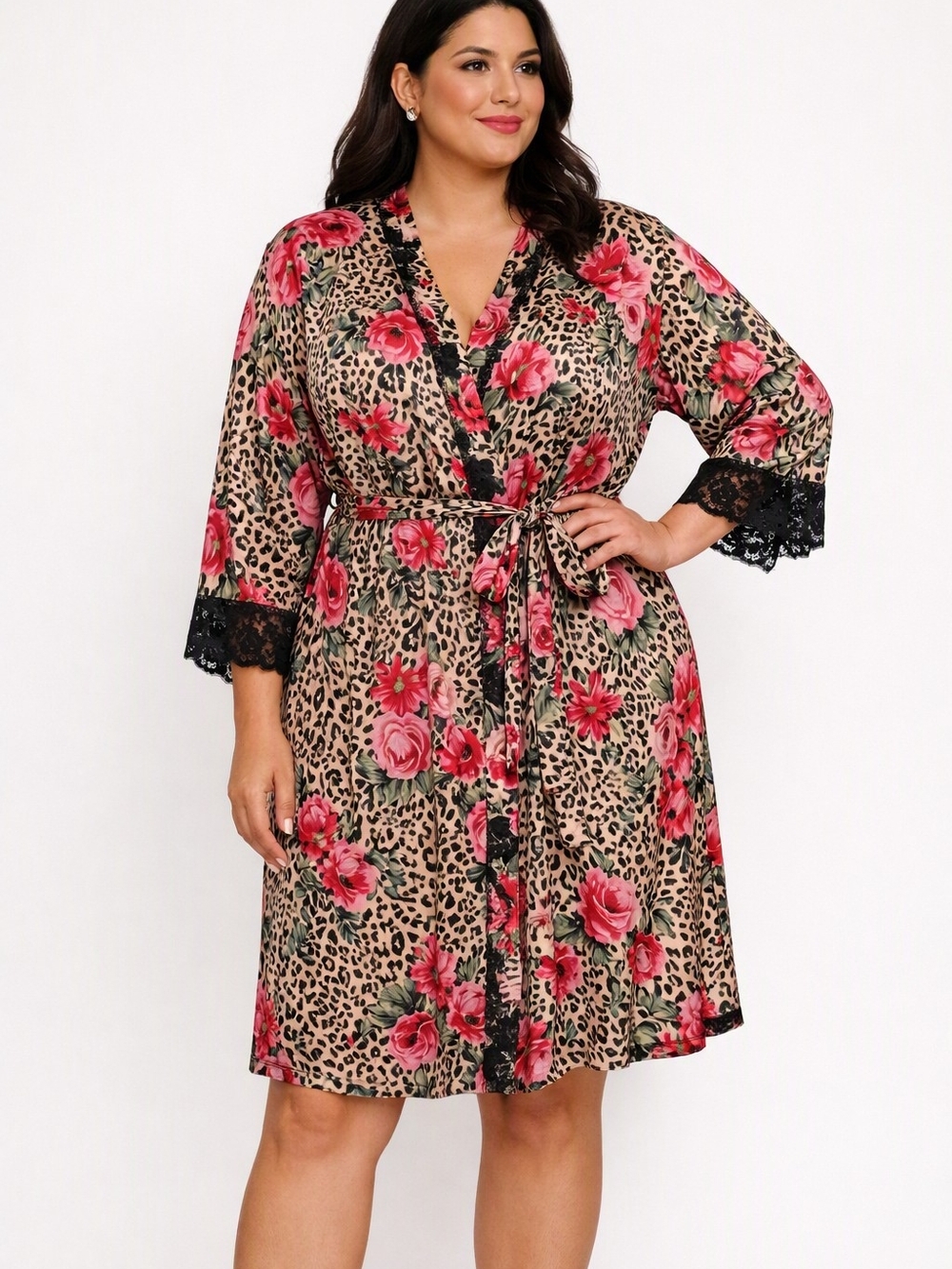 Floral Leopard Satin Wrap Robe with Black Lace Trim - Plus Size, Pink